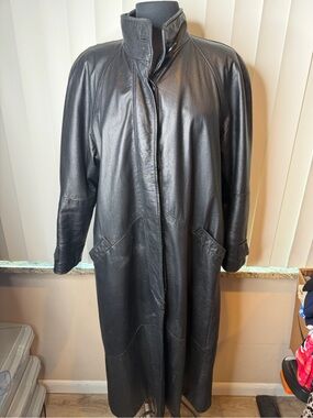 Winlit Vintage Long Black Leather Trench Coat Classic Timeless Style SZ Medium